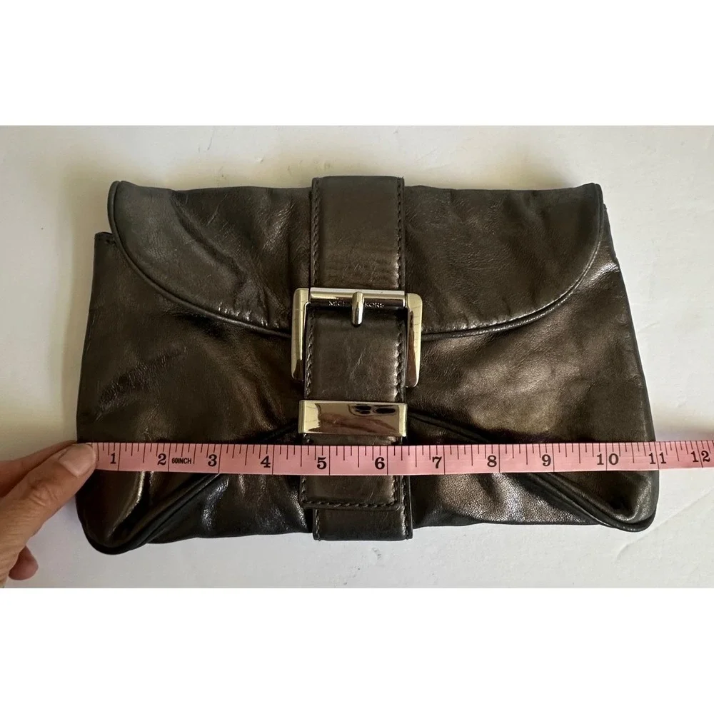 Y2K Michael Kors Heidi Clutch Metallic Pewter Leather Buckle Evening Bag NEW